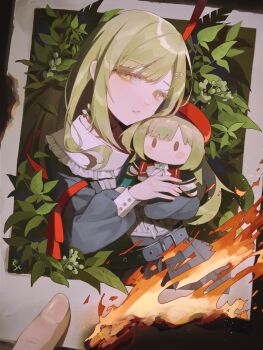 1girl absurdres bang_dream! bang_dream!_it's_mygo!!!!! belt belt_buckle buckle burning burning_photo buttons character_doll choker collar collared_shirt commentary crossed_arms dark_background doll english_commentary fingernails foliage frilled_choker frills green_hair grey_belt grey_choker grey_shirt grey_skirt hair_ornament hairclip head_tilt highres holding holding_photo holding_stuffed_toy leaning_to_the_side long_hair long_sleeves mortis_(bang_dream!) mortis_(costume)_(bang_dream!) parted_bangs parted_lips photo_(object) pleated_skirt polaroid_photo puffy_long_sleeves puffy_sleeves red_ribbon ribbon sedith_cd shirt skirt stuffed_toy upper_body wakaba_mutsumi wakaba_mutsumi_(doll) white_collar yellow_eyes