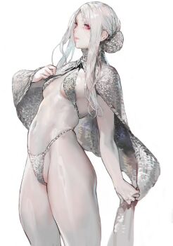 1girl aoin bikini breasts bun_cover commentary_request cowboy_shot from_side grey_bikini grey_hair hair_bun highleg highleg_bikini highres long_sidelocks looking_at_viewer making-of_available medium_breasts navel original parted_bangs parted_lips red_eyes sidelocks sideways_glance simple_background single_hair_bun solo standing star_(symbol) swimsuit white_background