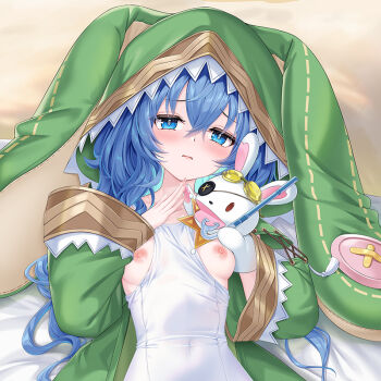 1girl animal_hood azur_lane blue_eyes blue_hair blush breasts cirnos covered_navel dakimakura_(medium) date_a_live green_jacket hand_puppet himekawa_yoshino himekawa_yoshino_(secret_base) hood jacket long_hair looking_at_viewer nipples official_alternate_costume one-piece_swimsuit petite puppet rabbit_hood rabbit_puppet small_breasts solo swimsuit upper_body white_one-piece_swimsuit yoshinon