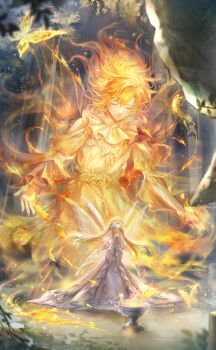 1girl 1other androgynous animal_print artist_request blonde_hair bug butterfly butterfly_print chalice closed_eyes closed_mouth cup dress embers expressionless eyelashes fairy fairy_wings fiery_hair fire floating_hair forest full_body game_cg giant gold_tiara gown grey_dress hair_between_eyes hephaes_(shining_nikki) highres insect interlocked_fingers juliet_sleeves kneeling layered_dress light_particles lips long_dress long_hair long_sleeves nature neck_ruff night nikki_(series) off-shoulder_dress off_shoulder official_art ophelia_(shining_nikki) orange_hair orange_lips orange_robe orange_wings outdoors own_hands_clasped own_hands_together parted_lips petals pointy_ears praying puffy_sleeves pyrokinesis robe shining_nikki size_difference tiara very_long_hair white_dress white_wings wide_sleeves wings