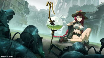 1girl :o abandoned absurdres ahoge animal_ear_headwear ankle_boots bag bare_shoulders black_gloves boots breasts brown_cape brown_hat brown_shorts building cape cleavage cleavage_cutout clothing_cutout copyright_name copyright_notice cropped_shirt dilapidated dutch_angle fake_animal_ears fanghuo_(xinyue_tongxing) full_body glasses gloves grey_sky hat highres large_breasts logo long_hair looking_at_viewer navel official_art official_wallpaper on_ground outdoors overgrown plant plastic_bag red_boots red_hair ruins shirt shorts side_cape sitting sky sleeveless sleeveless_shirt socks solo stomach very_long_hair vines white_shirt white_socks xinyue_tongxing yellow_eyes