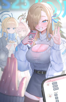 3girls absurdres ahoge asuna_(blue_archive) black_halo black_sweater black_thighhighs blonde_hair blue_archive blue_eyes blue_halo blue_scarf blunt_bangs blush braid breasts cellphone cleavage cleavage_cutout clothing_cutout commentary doodle_sensei_(blue_archive) eyes_visible_through_hair food grey_jacket grey_skirt grey_sweater grin hair_over_one_eye half_up_braid halo highres holding holding_food holding_phone huge_ahoge jacket korean_commentary large_breasts long_hair looking_at_mirror looking_at_viewer mirror multiple_girls neru_(blue_archive) open_clothes open_jacket orange_hair phone red_eyes scarf sensei_(blue_archive) shin_dohan short_hair sidelocks skirt smartphone smile sweater taiyaki thighhighs thighs toki_(blue_archive) turtleneck turtleneck_sweater very_long_hair wagashi waving white_jacket