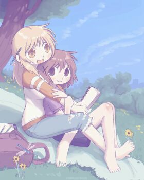 2girls absurdres artist_name blonde_hair breast_press brown_eyes brown_hair bug cuddling denim dragonfly flower hair_ornament hairpin hidamari_sketch highres holding holding_another&#039;s_arm holding_sketchbook holding_with_feet insect kurohanenone leaning_on_person long_hair long_sleeves looking_at_another miyako_(hidamari_sketch) multiple_girls on_ground outdoors pencil_behind_ear picnic_blanket pink_shirt ponytail shirt sketchbook skirt sky smile tree yellow_eyes yuno_(hidamari_sketch)