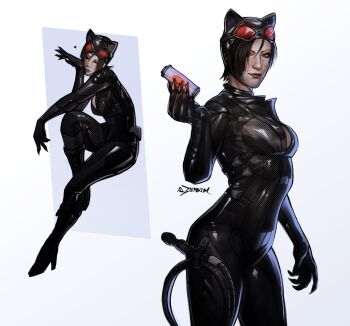 1girl ada_wong alternate_costume animal_ears animal_hood black_bodysuit black_hair bodysuit boots breasts cat_ears cat_hood catsuit catwoman catwoman_(cosplay) claws commentary cosplay cowboy_shot english_commentary full_body goggles goggles_on_head hair_between_eyes high_heel_boots high_heels highres hood medium_breasts multiple_views resident_evil short_hair solo twintails whip white_background zombiyh