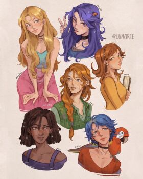6+girls abigail_(stardew_valley) animal animal_on_shoulder bird bird_on_shoulder blonde_hair blue_hair book breasts brown_hair cropped_legs cropped_torso dark-skinned_female dark_skin emily_(stardew_valley) glasses green_shirt grin haley_(stardew_valley) hands_on_own_knees highres holding holding_book leah_(stardew_valley) lips looking_at_viewer looking_to_the_side lumorie maru_(stardew_valley) medium_breasts multiple_girls nail_polish object_behind_ear orange_hair parrot pencil pencil_behind_ear penny_(stardew_valley) pink_skirt purple_hair shirt skirt smile stardew_valley tongue tongue_out v yellow_shirt