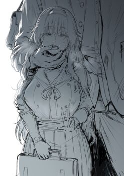 1boy 1girl bag blush buttons commentary double-breasted finger_in_another's_mouth greyscale hairband half-closed_eyes heavy_breathing hews highres holding holding_bag kaoru_hana_wa_rin_to_saku long_hair looking_at_viewer monochrome nose_blush pleated_skirt saliva school_uniform sidelighting sketch skirt standing sweat tongue unfinished waguri_kaoruko