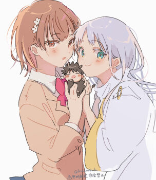 Rule 34 | 1boy, 2girls, animal costume, black hair, bow, bowtie, brown eyes, brown hair, brown jacket, chibi, collared shirt, commentary request, green eyes, grey hair, hair ornament, hairpin, highres, himaneko., index (toaru majutsu no index), jacket, kamijou touma, long hair, medium hair, misaka mikoto, multiple girls, red bow, red bowtie, reindeer costume, robe, safety pin, school uniform, shirt, short hair, smile, toaru majutsu no index, tokiwadai school uniform, twitter username, white background, white robe, white shirt, winter uniform