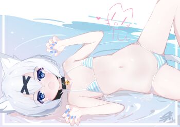 1girl animal_ears bell bikini blue_eyes blue_nails cat_ears cat_tail hair_between_eyes hair_ornament highres loli looking_at_viewer lying nail_polish navel neck_bell open_mouth original sarla solo striped_bikini striped_clothes swimsuit tail x_hair_ornament