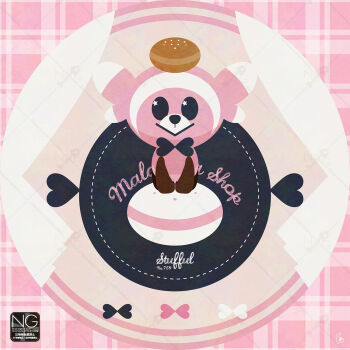 :> animal_focus black_bow bow character_name english_text food food_on_head gen_7_pokemon highres looking_at_viewer macaron meme_(sleepsheep) nintendo no_humans object_on_head pink_bow pokemon pokemon_(creature) pokemon_focus star_(symbol) star_in_eye stufful symbol_in_eye white_bow