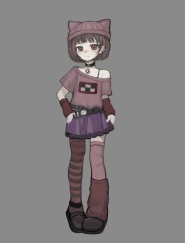 1girl alternate_costume animal_hat asymmetrical_legwear belt black_belt black_choker black_pantyhose black_shoes blue_skirt brown_hair cat_hat choker closed_mouth commentary_request ear_piercing expressionless frilled_skirt frills full_body grey_background hands_on_own_hips hat highres looking_at_viewer madotsuki miniskirt mismatched_legwear pantyhose piercing pink_hat pink_shirt pink_thighhighs red_arm_warmers red_eyes red_pantyhose reihoshii shirt shoes short_hair short_sleeves simple_background single_bare_shoulder single_leg_pantyhose single_thighhigh skirt solo thighhighs yume_nikki
