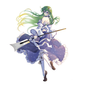 Rule 34 | 1girl, absurdres, backless shirt, bare back, bare shoulders, black bow, blue eyes, blue skirt, blush, bow, breasts, brown shoes, closed mouth, collar, collared shirt, commentary, detached sleeves, edz drawz, english commentary, floating clothes, floating hair, foot up, frilled skirt, frills, frog hair ornament, gohei, gradient hair, green hair, hair ornament, hair tubes, highres, holding, holding gohei, kneehighs, kochiya sanae, long hair, looking at viewer, looking back, multicolored hair, nape, plantar flexion, ribbon, shirt, shoes, simple background, single hair tube, skirt, sleeveless, sleeveless shirt, snake hair ornament, socks, solo, touhou, white background, white ribbon, white socks