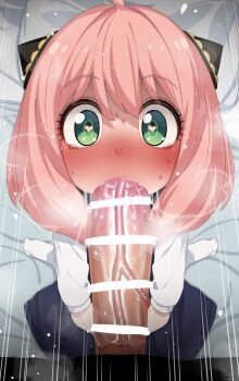 1boy 1girl absurdres anya_(spy_x_family) bar_censor censored dress fellatio green_eyes heart heart-shaped_pupils hetero highres large_penis large_variant_set loli mizumizuni on_bed oral penis pink_hair saliva saliva_trail sitting spy_x_family symbol-shaped_pupils variant_set