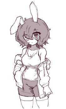 Rule 34 | 1girl, alternate costume, animal ears, blush, breasts, camisole, character request, cleavage, collarbone, commentary, eyes visible through hair, glasses, greyscale, groin, hair between eyes, hand in pocket, highres, hood, hoodie, korean commentary, looking at viewer, medium breasts, medium hair, monochrome, open clothes, open hoodie, rabbit ears, rampa93, round eyewear, shorts, solo, touhou