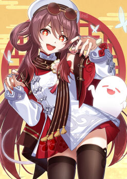 1girl absurdres black_thighhighs blush boo_tao_(genshin_impact) brown_hair bug butterfly chinese_clothes commentary_request detached_sleeves dress eyewear_on_head fingernails flower-shaped_pupils flower_ornament genshin_impact girugiru_(tektonics6588) hair_between_eyes hair_ornament hair_rings hat highres hu_tao_(cherries_snow-laden)_(genshin_impact) hu_tao_(genshin_impact) insect long_hair long_sleeves looking_at_viewer nail_polish official_alternate_costume official_alternate_hairstyle open_mouth orange_eyes pink_nails red_nails smile solo symbol-shaped_pupils thighhighs very_long_hair white_dress white_hat zettai_ryouiki