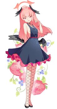 1beombeom 1girl absurdres black_dress black_wings blue_archive blue_dress blueberry dress feathered_wings fishnets food fruit halo hand_in_own_hair head_wings high_heels highres koharu_(blue_archive) looking_at_viewer low_wings pink_eyes pink_hair pink_halo standing strawberry winged_halo wings