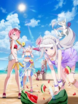 1boy 4girls absurdres bag bare_shoulders beach beatrice_(re:zero) bikini blonde_hair blue_eyes blue_hair blue_sky braid breasts butterfly-shaped_pupils cat cleavage closed_eyes cloud collarbone crop_top crown_braid day detached_sleeves drill_hair earrings eating emilia_(re:zero) floating flower food frills fruit grey_cat hair_flower hair_ornament hair_over_one_eye hair_ribbon handbag highres hitting holding holding_food holding_fruit holding_stick holding_watermelon hoop_earrings horizon jewelry long_hair medium_breasts multiple_girls navel necklace ocean official_alternate_costume official_alternate_hairstyle official_art open_mouth outdoors pink_hair puck_(re:zero) purple_eyes ram_(re:zero) re:zero_kara_hajimeru_isekai_seikatsu re:zero_kara_hajimeru_isekai_seikatsu:_lost_in_memories red_eyes rem_(re:zero) ribbon sand sandals sarong see-through_clothes see-through_sarong shore short_hair shorts siblings sisters sitting sky small_breasts smile stick summer sun sweatdrop swimsuit symbol-shaped_pupils table thighlet twins victory_pose water watermelon watermelon_slice white_hair wooden_table x_hair_ornament
