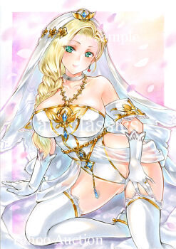 1girl alternate_costume aqua_eyes arm_support at_classics bianca_(dq5) blonde_hair border braid breasts bridal_veil bride choker commentary_request detached_sleeves dragon_quest dragon_quest_v earrings gloves gold_trim hair_ornament hand_on_own_thigh highleg highleg_leotard jewelry large_breasts leotard looking_at_viewer pink_background ring sample_watermark side_part silver_choker single_braid sitting solo sphere_earrings thighhighs traditional_media veil watermark wedding_ring white_border white_gloves white_leotard white_thighhighs white_veil