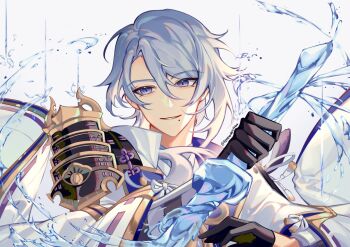 1boy absurdres arm_guards armor artist_name black_gloves blue_hair collared_jacket commentary flyawaychan genshin_impact gloves gold_trim hair_between_eyes hair_over_shoulder half_gloves hands_up highres holding holding_sword holding_weapon jacket japanese_armor japanese_clothes kamisato_ayato kimono lapels liquid_weapon long_sleeves looking_at_viewer male_focus medium_hair mole mole_under_mouth open_clothes open_jacket parted_bangs parted_lips purple_eyes shoulder_armor sidelocks simple_background smile sode solo swept_bangs sword symbol-only_commentary twitter_username upper_body water water_drop weapon white_background white_jacket wide_sleeves