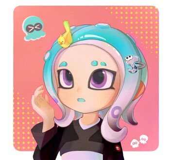 Rule 34 | 1girl, animal, animal on head, bird, bird on head, black shirt, blue hair, blue tongue, border, colored tongue, eyelashes, forehead, fox39367, gradient hair, hair ornament, hairclip, halftone, halftone background, hand up, letter hair ornament, light blush, long sleeves, looking at animal, medium hair, multicolored hair, nintendo, octoling girl, octoling player character, on head, open mouth, outside border, pink hair, purple eyes, red background, shirt, solo, splatoon (series), splatoon 3, squid, surprised, tentacle hair, two-tone hair, two-tone shirt, upper body, upturned eyes, white border, white shirt