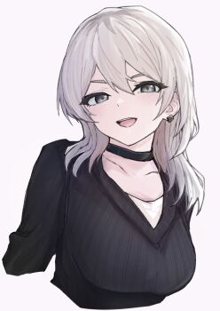 1girl black_choker black_sweater breasts choker commentary cropped_torso earclip girls_band_cry grey_eyes grey_hair hair_between_eyes hanekuri_(nnainain) hashtag-only_commentary highres kawaragi_momoka medium_breasts multicolored_hair open_mouth roots_(hair) simple_background solo sweater teeth upper_body upper_teeth_only white_background