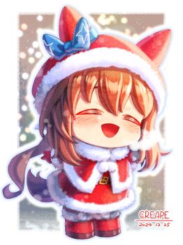 1girl admire_vega_(umamusume) animal_ears blush brown_hair capelet chibi chibi_only closed_eyes commentary_request creape dress ear_covers facing_viewer fur-trimmed_capelet fur-trimmed_gloves fur-trimmed_headwear fur_trim gloves hair_between_eyes hat hat_with_ears highres horse_ears horse_girl horse_tail long_hair open_mouth red_capelet red_dress red_gloves red_hat red_thighhighs santa_costume santa_hat smile solo tail thighhighs umamusume