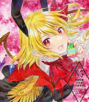 1girl alternate_costume alto2019 animal_ears blonde_hair bow bowtie commentary crystal crystal_wings egg epaulettes flandre_scarlet fringe_trim highres holding holding_egg long_hair long_sleeves multicolored_wings open_mouth pink_background pointy_ears rabbit_ears red_bow red_bowtie red_eyes red_nails smile solo touhou touhou_lostword watermark watermark_grid wings