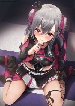 1girl absurdres amane_sora asymmetrical_legwear belt black_belt black_boots black_crown black_leotard black_shrug boots checkered_floor closed_mouth clothing_cutout commentary_request crown double-parted_bangs fishnet_socks fishnets grey_hair hair_between_eyes hair_ribbon hand_up highres hololive hololive_dev_is isaki_riona isaki_riona_(flowglow_uniform) kneehighs leotard leotard_under_clothes long_hair looking_at_viewer mini_crown miniskirt mismatched_legwear official_alternate_costume official_alternate_hairstyle on_floor pleated_skirt purple_eyes ribbon shoulder_cutout shrug_(clothing) single_kneehigh single_sidelock single_sock sitting skirt socks solo striped_clothes striped_socks tilted_headwear two_side_up uneven_legwear virtual_youtuber white_skirt