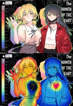 2girls absurdres bang_dream! bang_dream!_it's_mygo!!!!! black_choker black_hair black_mask black_ribbon blonde_hair blush chinese_commentary choker closed_mouth commentary_request earrings green_eyes hair_ribbon hero45439083942 highres jacket jewelry long_hair mouth_pull multiple_girls original red_jacket ribbon shirt thermogram togawa_hazuki waving white_shirt yahata_riko yellow_eyes