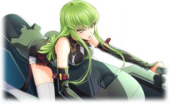 1girl artist_request bare_shoulders black_shirt black_sleeves breasts c.c. code_geass code_geass:_lost_stories detached_sleeves female_focus game_cg green_hair hair_between_eyes hanging_breasts highres leaning_forward long_hair long_sleeves looking_afar medium_breasts non-web_source official_art open_mouth piloting shirt short_shorts shorts sidelocks simple_background sitting sleeveless sleeveless_shirt solo thighhighs thighs transparent_background white_shorts white_thighhighs yellow_eyes