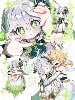 absurdres bare_shoulders blonde_hair bloomers blush bracelet braid cape closed_eyes commentary_request cross-shaped_pupils crying detached_sleeves dress eyelashes finger_frame flower genshin_impact green_eyes green_hair green_sleeves grey_hair hair_between_eyes hair_flower hair_ornament happy happy_tears highres hug inteyvat_flower_(genshin_impact) jewelry jumping leaf_hair_ornament legs long_hair looking_at_viewer lumine_(genshin_impact) magic multiple_views musical_note nahida_(genshin_impact) oishii_sasa on_swing open_hand open_mouth pointy_ears short_hair_with_long_locks side_braid sidelocks sitting smile spoken_musical_note swing symbol-shaped_pupils tears underwear white_bloomers white_dress white_flower