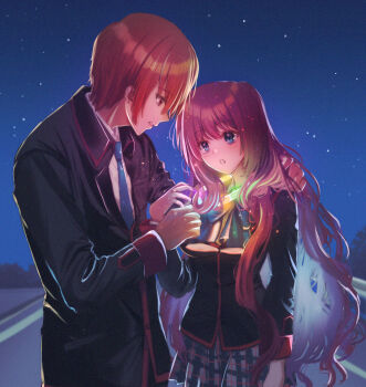 1boy 1girl :o a-chan_(little_busters!) arm_around_neck arm_at_side black_jacket blazer blue_bow blue_eyes blush bow brown_eyes brown_hair choker commentary_request cowboy_shot eyelashes film_grain glowing grey_skirt hair_between_eyes hair_over_shoulder hand_up hetero highres jacket light_particles little_busters! little_busters!_school_uniform long_hair long_sleeves looking_at_another miiizuno_lbs miniskirt natsume_kyousuke night open_mouth outdoors plaid_clothes plaid_skirt pleated_skirt profile purple_hair school_uniform short_hair sidelocks skirt standing underlighting upper_body very_long_hair wavy_hair