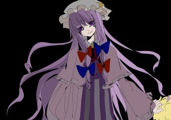 bags_under_eyes black_background blue_bow blunt_bangs bow closed_mouth commentary cookie_(touhou) cowboy_shot crescent crescent_hat_ornament dress english_commentary hair_bow hat hat_ornament head_tilt highres holding_another&#039;s_hair kirisame_marisa long_hair looking_at_viewer mars_(cookie) mob_cap multiple_hair_bows patchouli_knowledge purple_dress purple_eyes purple_hair red_bow simple_background sixsec6ndzlater smile striped_clothes striped_dress taisa_(cookie) touhou vertical-striped_clothes vertical-striped_dress very_long_hair white_hat