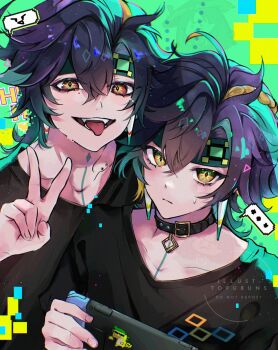 2boys ajaw_(genshin_impact) black_collar black_hair black_shirt blonde_hair closed_mouth collar commentary controller earrings english_commentary game_controller genshin_impact green_hair green_headband hair_between_eyes headband highres holding holding_controller holding_game_controller jewelry kinich_(genshin_impact) male_focus multicolored_hair multiple_boys neck_tattoo nintendo_switch open_mouth red_eyes shirt short_hair spiked_ear_piercing streaked_hair tattoo tofuubuns tongue tongue_out v yellow_eyes