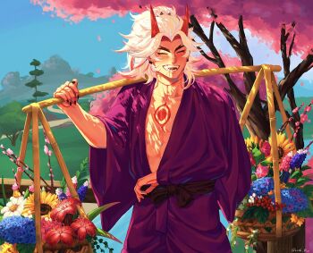 1boy arataki_itto black_nails blue_flower blush body_markings bodypaint candy cherry_blossoms closed_eyes colored_inner_hair commentary_request cowboy_shot earrings facepaint fangs fingernails flower flower_request food forked_eyebrows genshin_impact highres horns japanese_clothes jewelry link_rui lollipop lollipop_in_mouth long_hair male_focus mismatched_eyebrows multicolored_hair open_mouth red_flower red_hair red_horns sharp_fingernails smile solo standing teeth thick_eyebrows tree twitter_username white_hair yellow_flower