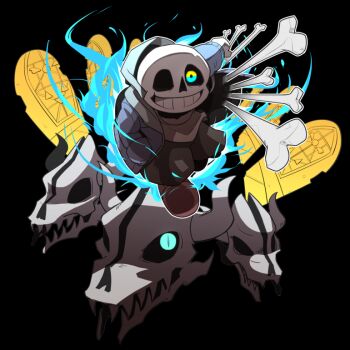 1boy black_background black_sclera black_shorts blue_jacket bone colored_sclera gasterblaster glowing glowing_eye grin hallway houten_(dre_a_mer) jacket male_focus sans_(undertale) shorts skeleton smile solo teeth undertale utdr_(toby_fox)