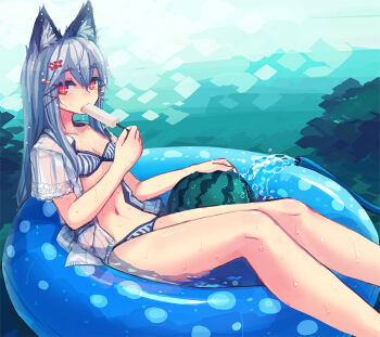 +_+ 1girl afloat animal_ears bare_legs bee_(deadflow) bell bikini bikini_under_clothes breasts cleavage collared_shirt concon-collector dress_shirt eating eyebrows eyelashes female_focus flower food food_in_mouth fruit hair_between_eyes hair_flower hair_ornament hair_rings holding holding_food hose innertube jingle_bell long_hair looking_at_viewer navel open_clothes open_shirt partially_submerged pocket popsicle red_eyes red_flower see-through_clothes shirt short_sleeves silver_hair sitting sketch small_breasts solo stomach striped_bikini striped_clothes summer sweat swim_ring swimsuit vertical_stripes water watermelon wet wet_clothes wet_hair