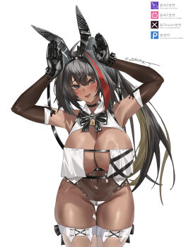 1girl absurdres animal_ear_hairband animal_ears arm_up armpits bay_(nikke) bay_(radiant_rabbit)_(nikke) black_bow black_bowtie black_choker black_gloves black_hair black_hairband blush bow bowtie breast_curtains breasts brown_eyes choker cleavage commentary covered_navel cowboy_shot crotch_zipper dark-skinned_female dark_skin detached_sleeves earpiece fake_animal_ears furrowed_brow gloves goddess_of_victory:_nikke hair_intakes hairband highres large_breasts leotard lock long_hair looking_at_viewer mole mole_on_breast mole_on_stomach mole_on_thigh multicolored_hair nervous_smile official_alternate_costume open_mouth padlock ponytail rabbit_ear_hairband rabbit_ears rabbit_pose red_hair revealing_clothes see-through_clothes see-through_leotard see-through_thighhighs sharp_teeth signature simple_background smile solo standing star_(symbol) star_sticker sticker sticker_on_face streaked_hair teeth thigh_gap thighhighs two-tone_hair upper_teeth_only wangwenzhu2000 white_background white_thighhighs