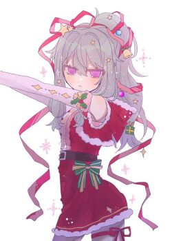 1girl :< bell belt blush bow box breasts bright_pupils center_frills christmas christmas_ornaments closed_mouth cowboy_shot cropped_jacket detached_sleeves dress frills from_side fur-trimmed_dress fur-trimmed_jacket fur-trimmed_sleeves fur_trim gift gift_box green_bow green_hair hair_between_eyes hair_flaps hood hood_down hooded_jacket jacket jitome kusanagi_nene leg_ribbon long_hair long_sidelocks long_sleeves looking_at_viewer low-tied_sidelocks mistletoe outstretched_arms pantyhose ponytail project_sekai prsk_nene purple_eyes red_dress red_jacket red_ribbon ribbon santa_costume short_dress sidelocks simple_background small_breasts solo standing star_(symbol) turning_head white_background white_pantyhose white_pupils white_sleeves