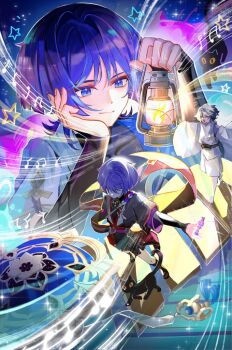 Rule 34 | 3boys, armor, barefoot, black bodysuit, black bow, black bridal gauntlets, black cat, black kimono, black leggings, black sandals, black sash, black shorts, black sleeves, blue background, blue cape, blue eyes, blue hat, blunt ends, bodysuit, bow, bridal gauntlets, cape, cat, choppy bangs, closed mouth, clothing cutout, contrapposto, covered collarbone, eyeliner, eyeshadow, faceless, faceless male, facing another, feathers, fingernails, fire, furisode, genshin impact, gnosis (genshin impact), gold, grey hair, grey sleeves, hand on own face, hand up, hands up, hat, holding, japanese armor, japanese clothes, jingasa, kariginu, kimono, kote, kurokote, layered sleeves, leggings, long sleeves, looking at object, makeup, mandala, mitsudomoe (shape), multiple boys, multiple persona, musical note, o-ring, oil lamp, open clothes, open hand, open kimono, open mouth, outstretched arm, pants, pelvic curtain, pom pom (clothes), purple electricity, purple hair, purple kimono, purple rope, purple sash, purple sleeves, red eyeliner, red eyeshadow, red kimono, red sash, red trim, rope, sandals, sash, scaramouche (genshin impact), scaramouche (kabukimono) (genshin impact), shimenawa, short sleeves, shorts, shoulder cutout, smile, stairs, star (symbol), string, tassel, toes, tomoe (symbol), tsurime, unworn headwear, viviwi, wanderer (genshin impact), white kimono, white pants, white rope, white sleeves, wide sleeves, yellow feathers, zouri