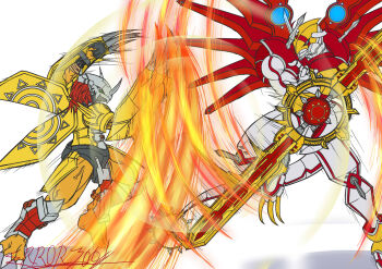 Rule 34 | claw (weapon), claw pose, claws, digimon, digimon (creature), dinosaur, dinosaur tail, errork03, fighting, gauntlets, highres, holding, holding sword, holding weapon, mecha, robot, shinegreymon, signature, sword, tail, wargreymon, weapon, white background