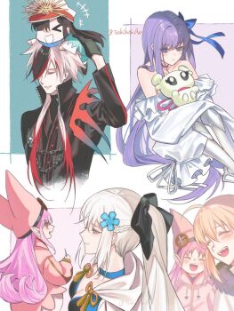 1boy 5girls aesc_(fate) aesc_(savior)_(fate) black_hair black_ribbon blonde_hair blue_eyes blue_flower closed_eyes closed_mouth commentary_request con_(fate) creature dress fate/grand_order fate_(series) flower grey_hair grin habetrot_(fate) hair_flower hair_ornament hair_ribbon hat highres kondou_isami_(fate) long_hair looking_at_another meltryllis meltryllis_(fate) meltryllis_(swimsuit_lancer)_(fate) meltryllis_(swimsuit_lancer)_(second_ascension)_(fate) mini_nobu_(fate) morgan_le_fay_(fate) multicolored_hair multiple_girls oda_nobunaga_(fate) on_head pink_eyes pink_hair pink_hat pointy_ears ponytail profile purple_hair red_hair ribbon shinsengumi sitting size_difference smile swimsuit tsukikusa_ao twitter_username very_long_hair white_hair