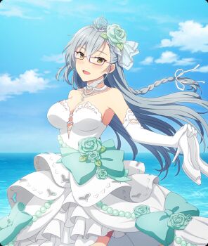1girl blue_sky blush bow braid breasts cleavage clothing_cutout cloud cowboy_shot day detached_collar dot_nose dress elbow_gloves flower game_cg glasses gloves green_bow green_flower green_rose grey_hair hair_flower hair_ornament hair_ribbon heart_cutout high_heels holding holding_shoes holding_unworn_clothes horizon jewelry kitora_mirja large_bow large_breasts layered_skirt long_braid long_hair necklace ocean official_art open_mouth pearl_necklace pumps purple-framed_eyewear ribbon rose shoes silver_tiara single_braid skirt sky smile solo strapless strapless_dress third-party_source tiara toji_no_miko toji_no_miko:_kizamishi_issen_no_tomoshibi unworn_shoes wedding_dress white_dress white_gloves white_ribbon white_shoes white_skirt yellow_eyes