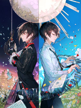 2boys absurdres ayn_alwyn ayn_alwyn_(godheim) back-to-back black_coat black_gloves black_hair black_necktie black_pants closed_eyes closed_mouth coat collared_shirt cowboy_shot daisy_(flower) day dual_persona earrings falling_petals field floating_earrings flower flower_field full_moon gloves grass hair_between_eyes half_gloves highres holding holding_sword holding_weapon instrument jewelry lace-trimmed_sleeves lace_trim long_sleeves looking_ahead loose_necktie lovebrush_chronicles male_focus moon multiple_boys mura_karuki music necktie official_art outdoors pants parted_lips petals piano_keys playing_instrument polar_opposites profile rapier red_eyes red_flower sheet_music shirt short_hair smile split_screen standing star_(sky) sun sword sword_in_front_of_face tie_clip tree twilight untucked_shirt weapon white_flower white_shirt yellow_flower