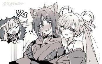 !? >_< 3girls animal_ears bare_shoulders blush cat_ears chibi choker chou_kaguya-hime! closed_eyes commentary_request forehead_jewel hair_ornament hair_rings hair_stick heart hood hood_down hoodie kaguya_(chou_kaguya-hime!) long_hair looking_at_another monochrome multiple_girls nose_blush open_mouth parted_bangs rabbit_ears runami_yachiyo sakayori_iroha shigure_(sigre) smile spoken_character surprised tearing_up twintails upper_body v-shaped_eyebrows white_background yuri