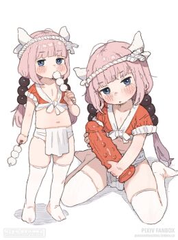 1girl blue_eyes blush dildo dragon_girl dragon_horns eating flat_chest full_body hair_ornament headband highres holding holding_sex_toy horns huge_dildo japanese_clothes kanna_kamui kobayashi-san_chi_no_maidragon legs loincloth loli long_hair long_twintails navel possummachine sex_toy simple_background sitting solo standing stomach thighhighs thighs twintails white_background white_thighhighs