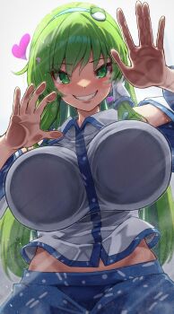 1girl absurdres against_glass bare_shoulders blue_skirt blush breast_press breasts breasts_on_glass commentary_request detached_sleeves frog_hair_ornament green_eyes green_hair grin hair_ornament hair_tubes hairband heart heart-shaped_pupils highres kochiya_sanae large_breasts long_hair looking_at_viewer midriff_peek shirt single_hair_tube skirt sleeveless sleeveless_shirt smile snake_hair_ornament solo symbol-shaped_pupils teeth touhou white_shirt yosshy