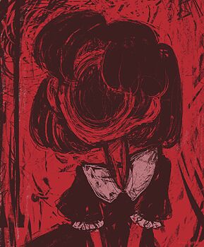 1girl body_horror commentary dress english_commentary faceless frilled_dress frills gestart333 horror_(theme) long_hair lowres original puffy_short_sleeves puffy_sleeves red_theme short_sleeves solo upper_body