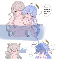 2girls animal_ears biting blue_hair blush breasts cat_ears cat_tail cleavage closed_eyes completely_nude covering_breasts covering_privates firefly_(honkai:_star_rail) gradient_hair green_eyes grey_hair hair_between_eyes hair_intakes halo head_wings highres honkai:_star_rail honkai_(series) in_water large_breasts long_hair multicolored_hair multiple_girls nude open_mouth robin_(honkai:_star_rail) speech_bubble splashing tail teeth thought_bubble wet wings yellow_halo yuri yuuncx