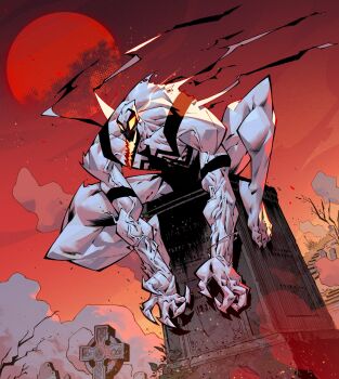 1boy absurdres animal_print anti-venom arm_spikes barefoot black_skin bodysuit broad_shoulders claws colored_skin cross dusk dust fangs fog full_body glowing glowing_bodysuit glowing_eyes glowing_mouth grave graveyard highres leo_chiola male_focus marvel marvel_snap monster_boy multicolored_bodysuit multicolored_skin muscular muscular_male official_art outdoors parasite patterned_skin perched perching perching_position print_bodysuit sharp_teeth slime_boy solo spider-man_(series) spider_print squatting superhero_costume symbiote teeth tombstone two-tone_bodysuit white_skin
