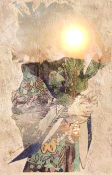 1girl abstract cactus commentary_request highres holding holding_plant karintoun original painting_(medium) photo_(medium) plant signature sun sunset traditional_media water watercolor_(medium)